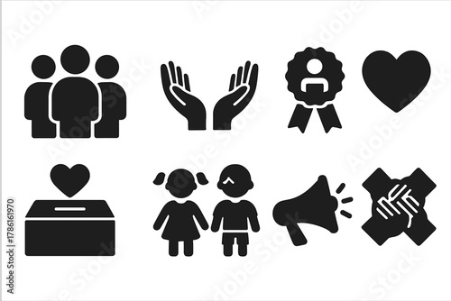Community Involvement Icons. Solid style icons of community involvement: group of people, open hands, volunteer badge, heart,