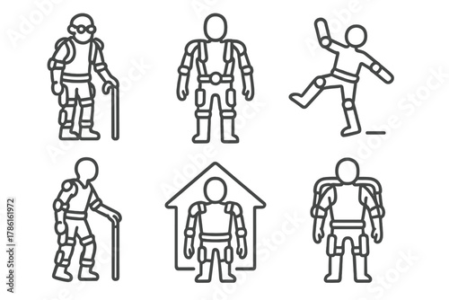 Exosuit Line Icons. Line style icons of aging support exosuits: elderly mobility brace, daily life assistance suit,
