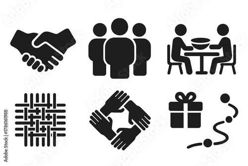 Cultural Exchange Icons. Solid style icons of cultural exchange: handshake, group of people, globe, shared meal, woven fabric,