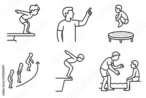 Youth Diving Icons. Line style icons of youth and training diving: child diver from low board, coach pointing upward, trampoline