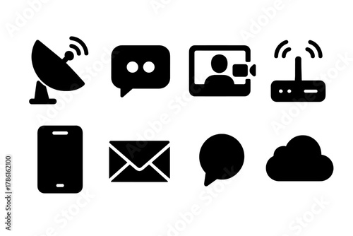 Communication Tech Icons. Solid style icons of Communication Technology: satellite dish, messaging app, video call, network router