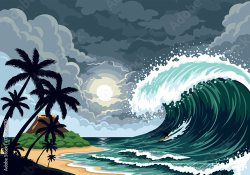 Create Big sea wave background. Storm ocean water tide wave with splashes and foam, tropical island with palm trees, surfing beach. Summer landscape for travel, surf brands. Cartoon vector marine back