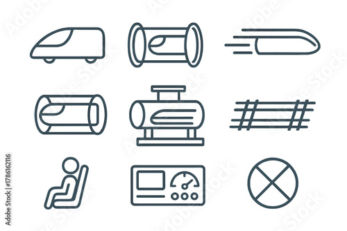 Hyperloop Line Icons. Line style icons of Hyperloop: Pod, Vacuum Tube, High Speed, Transport, Station, Track, Passenger, Control