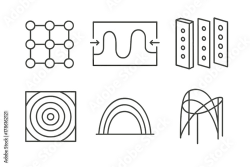 Sound Sculpture Blueprints. Line style icons of sound sculpture blueprints: tone grid sketch, acoustic pathway diagram, sound