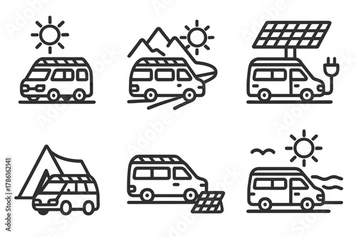 Solar-Powered Travel Icons. Line style icons of solar vehicle travel experiences: road trip with sun icon, scenic drive in