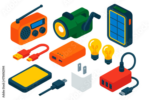 Disaster Preparedness Essentials. Isometric vector illustration set Disaster preparedness – weather radio, hand crank generator,