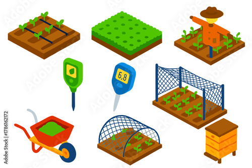Sustainable Farming Icons. Isometric vector illustration set Climate action – sustainable agriculture plot, drip irrigation line,