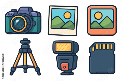 Iconic tools for capturing memories in digital photography setup. Set of 6 vector illustration
