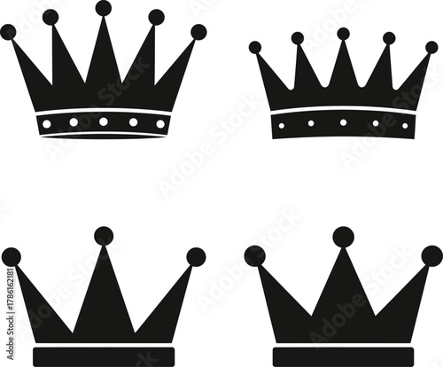 Four black silhouette crowns displayed against a plain white background, each with unique designs.