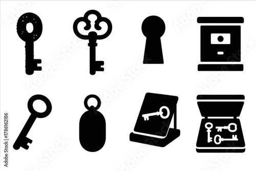 Antique Key Icons. Solid style icons of Antique Key Collecting: rusted key, ornate bow, keyhole, labeled drawer, skeleton key,