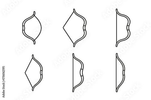Horseback Bow Icons. Line style icons of bow types used on horseback: short reflex bow, composite bow icon, sinew-backed bow, horn