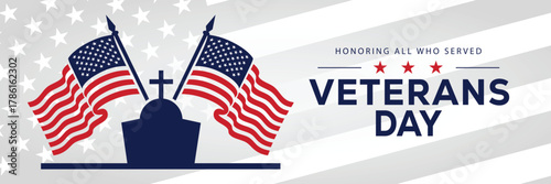 Veterans Day banner with a soldier silhouette saluting, flanked by American flags, set against a background of stars and stripes. Honors veterans and service members who served the USA.