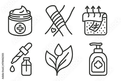 Skin Care Icons. Line style icons of healed skin care post-cover-up: healing balm jar, wrapped forearm with icon, breathable