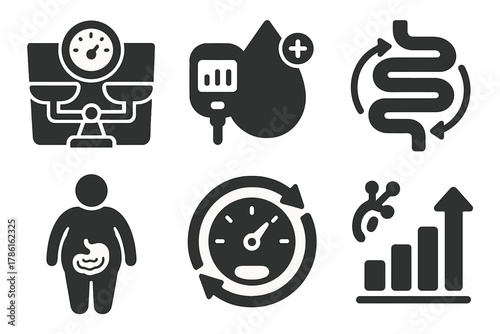 Metabolic Health Icons. Solid style icons of FMT for metabolic conditions: weight balance scale, sugar regulation icon,