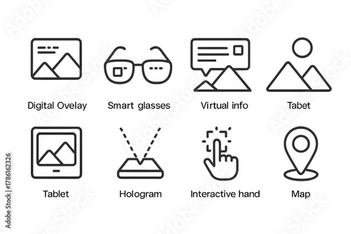 Augmented Reality Icons. Line style icons of Augmented Reality: Digital Overlay, Smart Glasses, Virtual Info, Real Scene, Tablet,