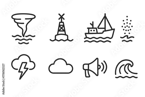 Waterspout Coastal Icons. Line style icons of Waterspout: Funnel over Sea, Coastal Buoy, Fishing Vessel, Water Spray, Lightning