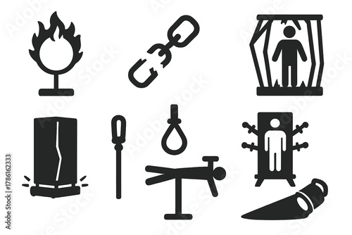 Stage Stunts Icons. Solid style icons of Stage Stunts: fire hoop, chains, collapsing cage, escape box, hanging rope, sword cabinet