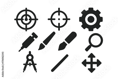 Precision Icons Collection. Solid style icons of precision: target, crosshair, gear, needle, fine brush, magnifying glass, compass