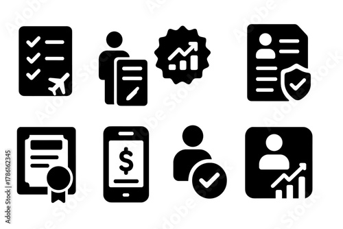 Visa Icons Set. Solid style icons of visa eligibility requirements: checklist with airplane, job contract and ID icon, income