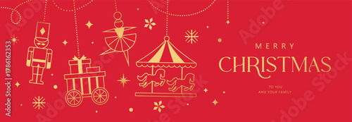 Christmas vector illustration with gold hanging ornaments on red background. Season's greeting design for banner, poster, cover, greeting card.

