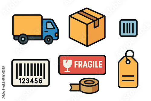 A collection of graphic elements related to delivery and shipping. Set of 6 vector illustration
