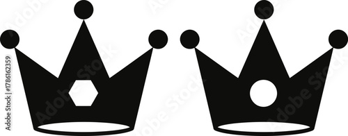 Two black crown silhouettes with different geometric shapes in the center, simple design.