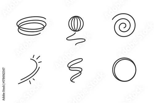 Line Style Light Art. Line style icons of light painting: long exposure swirl, glowing orb trail, spiral light path, dynamic arc