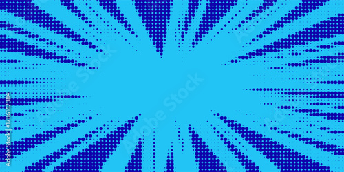 Pop art halftone background. Comic starburst pattern. Blue banner with star speech bubble. Vintage duotone texture. Gradient wow design. Cartoon superhero print. Vector illustration.