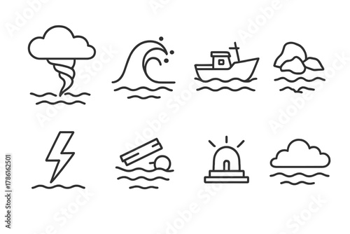Waterspout and Fishing Boat. Line style icons of Waterspout: Twisting Column, Ocean Spray, Fishing Boat, Rocky Shore, Lightning,