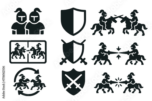 Team Joust Icons. Solid style icons of team-based jousts: duo bot icon, color-coded shield badge, synced charge slab. Multi-lane