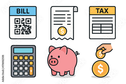 Financial management tools for budgeting and tax preparation needs. Set of 6 vector illustration