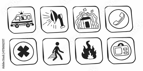 Collection of emergency service icons including ambulance flashlight flood rescue phone first aid escape route fire and kit on transparent background