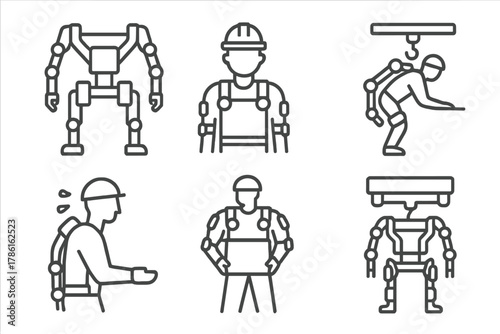 Industrial Exoskeleton Icons. Line style icons of industrial exoskeletons: heavy-lift exo frame, construction worker suit,
