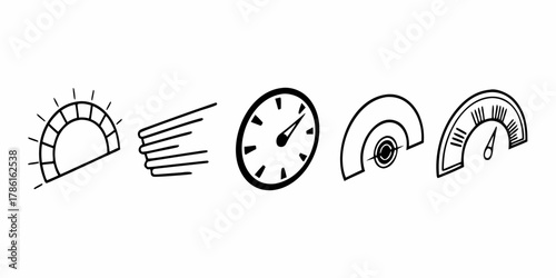Illustration of speed indicators and a clock with a black outline on a white background showing progress 100 on transparent background