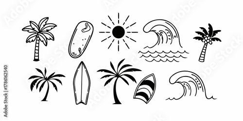 Doodle style beach elements including palm trees surfboards sun and waves creating a summer vibe image on transparent background