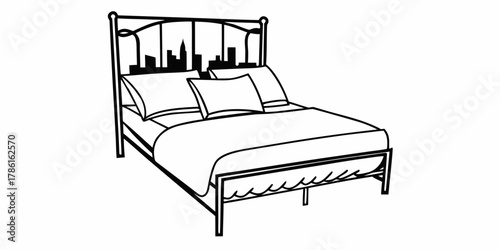 Illustration of a bed with pillows and a blanket with a city skyline silhouette on the headboard on transparent background