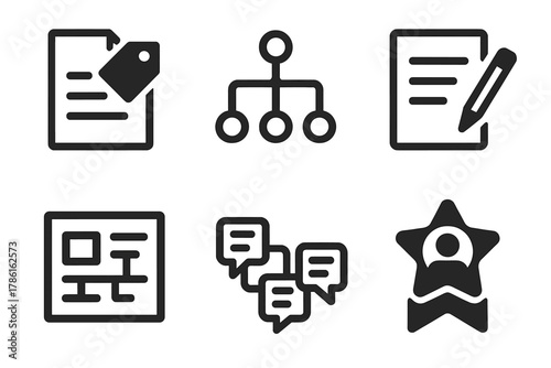 Crowdsourced Scriptwriting Icons. Line style icons of Crowdsourced Scriptwriting: draft version tag, storyline branches, live edit