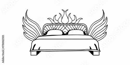 Illustration of a bed with pillows and wings attached to the headboard on a white background on transparent background