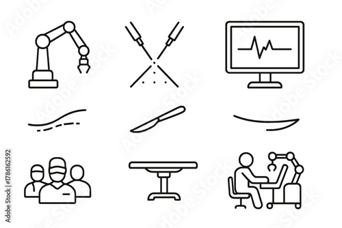 Robotic Surgery Elements. Line style icons of Robotic Surgery: Robotic Arm, Surgical Precision, Monitor, Incision, Scalpel,