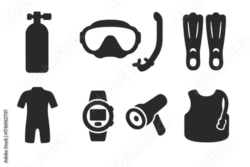 Diving Gear Icons. Solid style icons of Diving Equipment: scuba tank, diving mask, snorkel, flippers, wetsuit, dive computer,
