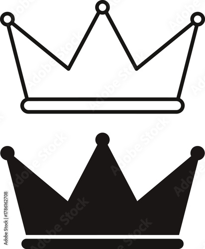 Two crowns are depicted, one a simple outline and the other a solid black silhouette, both with a classic regal design.