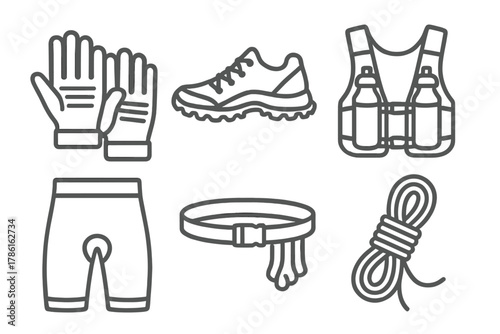 OCR Gear Icons. Line style icons of OCR gear: grip gloves, trail shoes, hydration vest, compression shorts, OCR belt, climbing