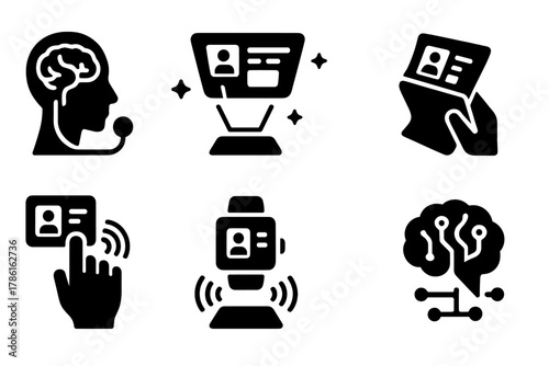 Futuristic Interface Icons. Solid style icons of Future Interfaces: brain-computer link, holographic screen, foldable display,