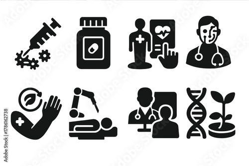 Future Medicine Icons. Solid style icons of Future Medicine: nanobot injection, smart pill bottle, holographic diagnosis, AI