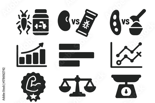 Protein Comparison Icons. Solid style icons of protein comparison visuals: insect vs whey icon, soy vs cricket bar, pea vs bug