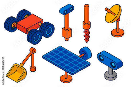 Space Rover Components. Isometric vector illustration set Space exploration – planetary rover chassis, wheel motor, suspension arm