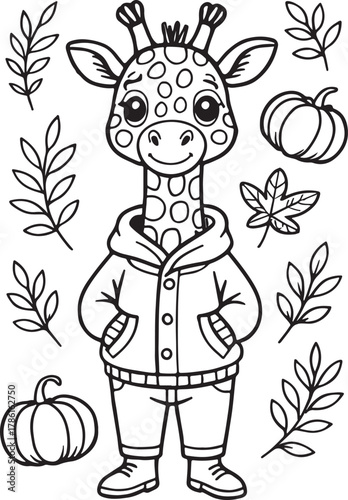 Autumn cartoon giraffe in hoodie with pumpkins and leaves, cute anthropomorphic animal illustration for kids coloring and seasonal decor