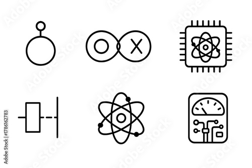 Quantum Computing Icons. Line style icons of Quantum Computing: Qubit, Entanglement, Superposition, Quantum Processor, Quantum