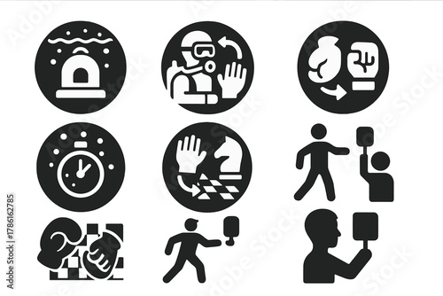 Underwater Icon Transitions. Solid style icons of round transitions: underwater bell icon, diver switching board to gloves, round