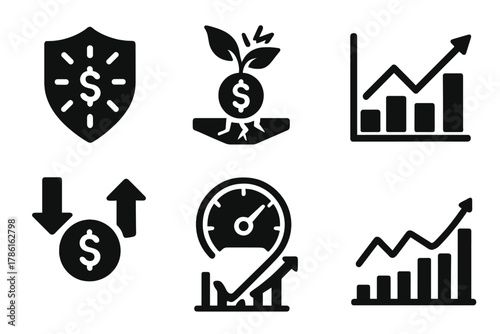 Antifragile Finance Icons. Solid style icons of anti-fragile finance systems: risk diversification badge, shockproof investment